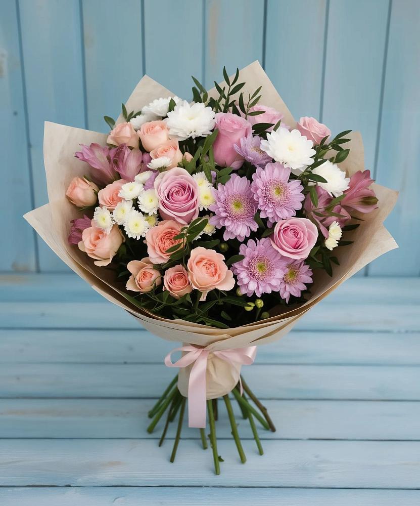 Букет цветов из: Хризантемы, Розы и Альстромерии в Усть-Ордынске