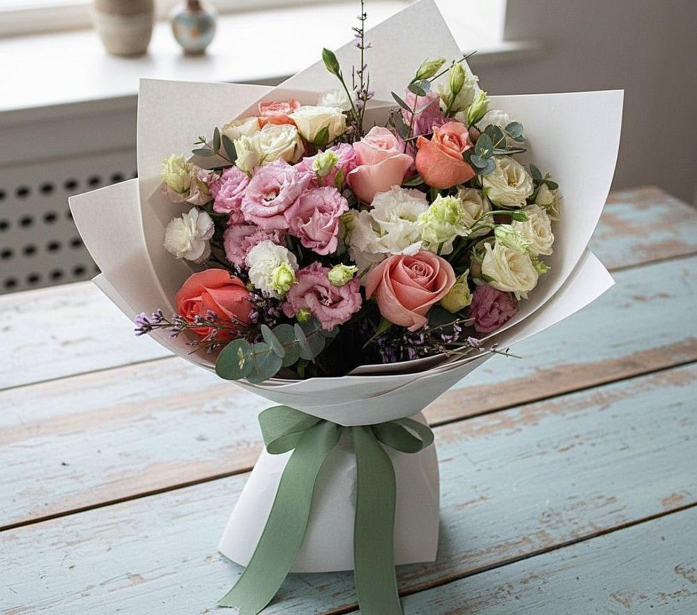 Букет цветов из: Розы, Лизиантусы и Гвоздики в Усть-Ордынске