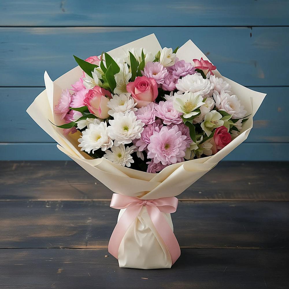 Букет цветов из: Хризантемы, Альстромерии и Розы в Усть-Ордынске